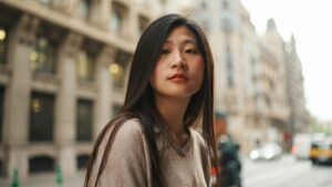 Asian long haired woman standing on the street and looking at camera. Asian girl walking in downtown